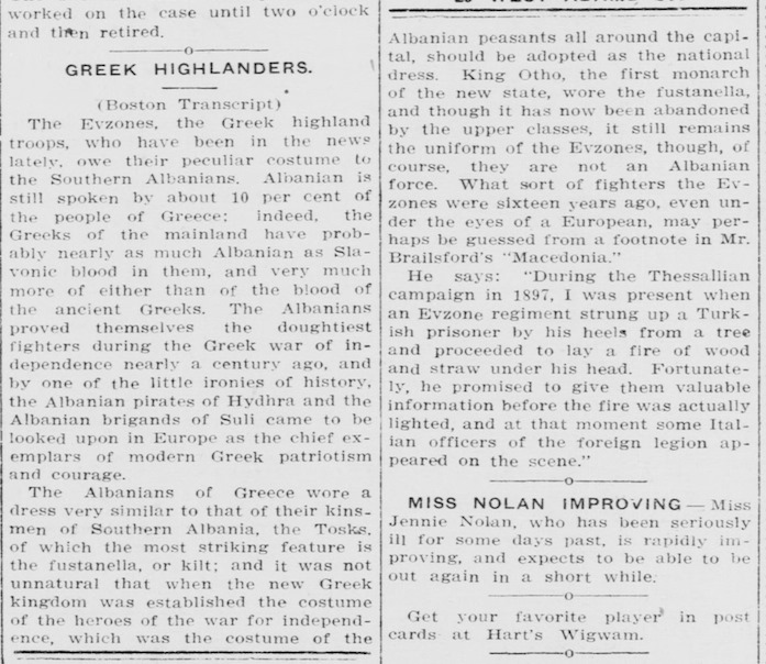 1894 US newspaper report - Greek national costume is originally Albanian. The Greenville Times, US, March 31, 1894